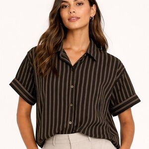 R.G. Kane Brown Pinstripe Short Sleeve Button-Up Shirt Made in USA Women’s Sz S